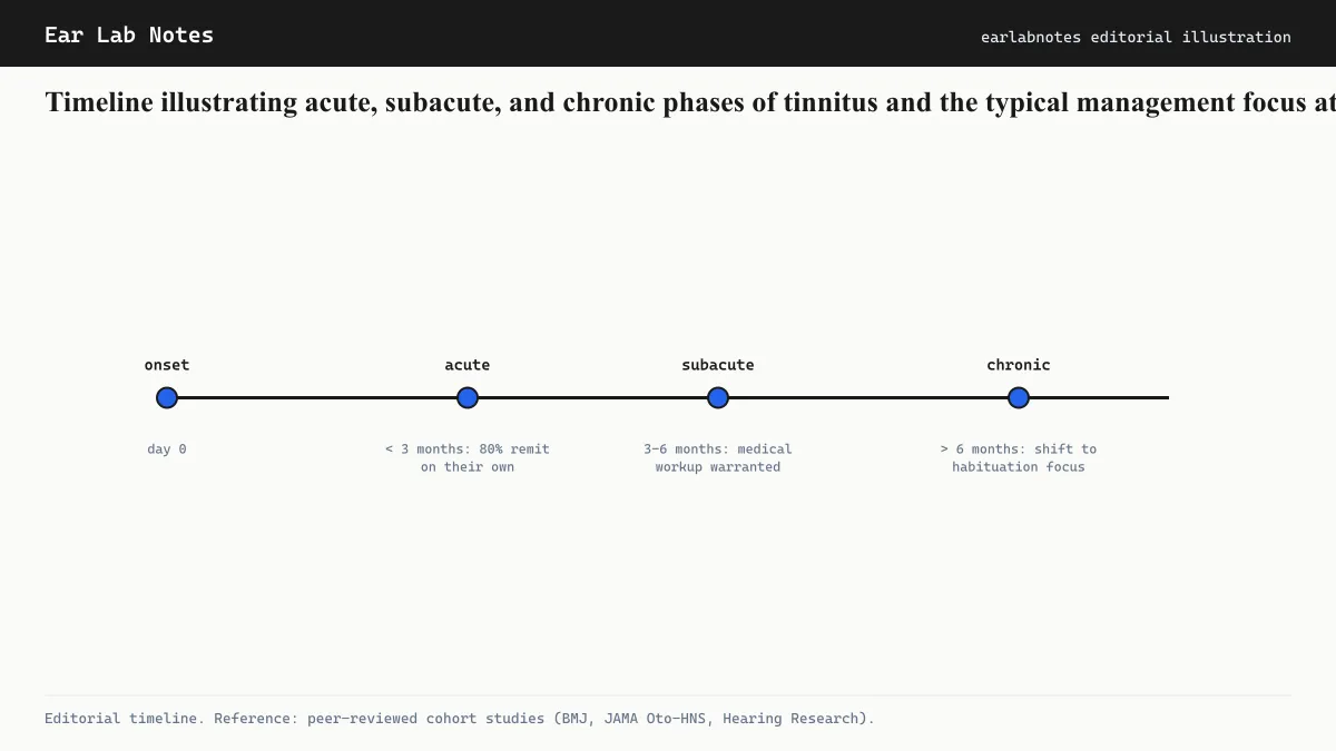 Timeline illustrating acute, subacute, and chronic phases of tinnitus and the typical management focus at each phase.