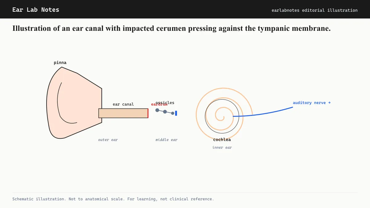 Illustration of an ear canal with impacted cerumen pressing against the tympanic membrane.