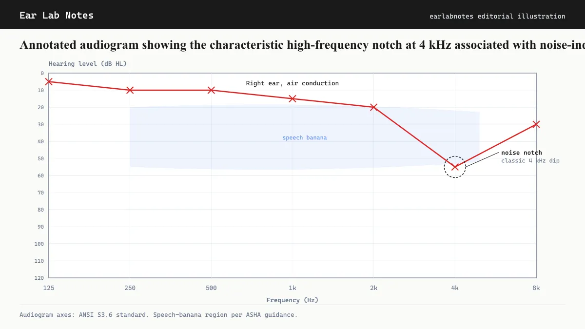 Annotated audiogram showing the characteristic high-frequency notch at 4 kHz associated with noise-induced hearing loss and tinnitus.