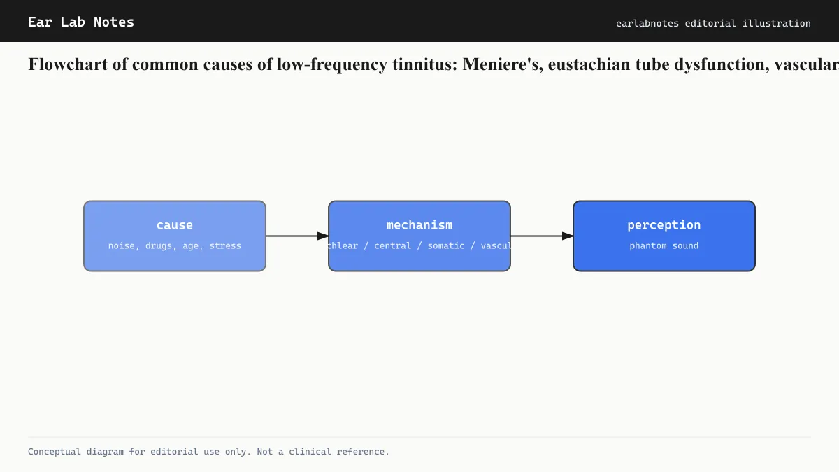 Flowchart of common causes of low-frequency tinnitus: Meniere’s, eustachian tube dysfunction, vascular, somatic.