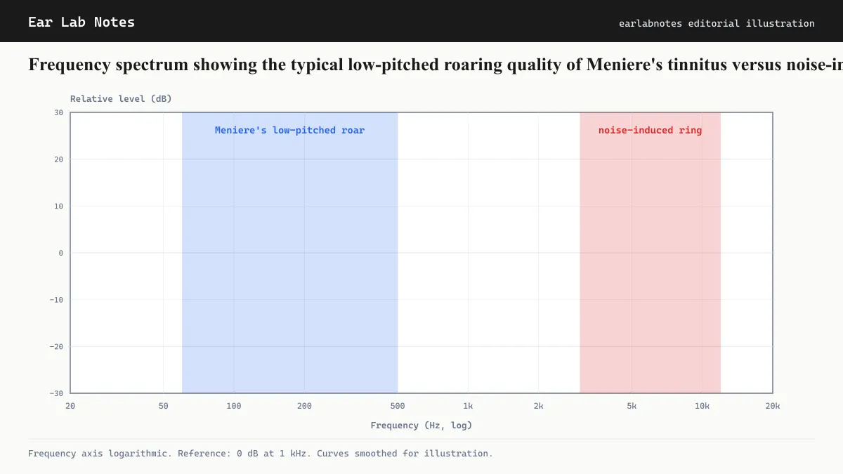 Frequency spectrum showing the typical low-pitched roaring quality of Meniere’s tinnitus versus noise-induced high-pitched ringing.