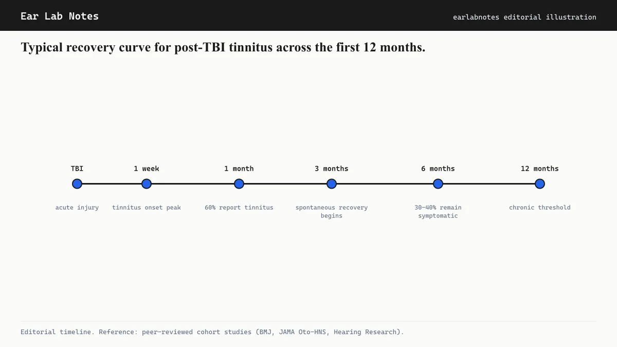 Typical recovery curve for post-TBI tinnitus across the first 12 months.