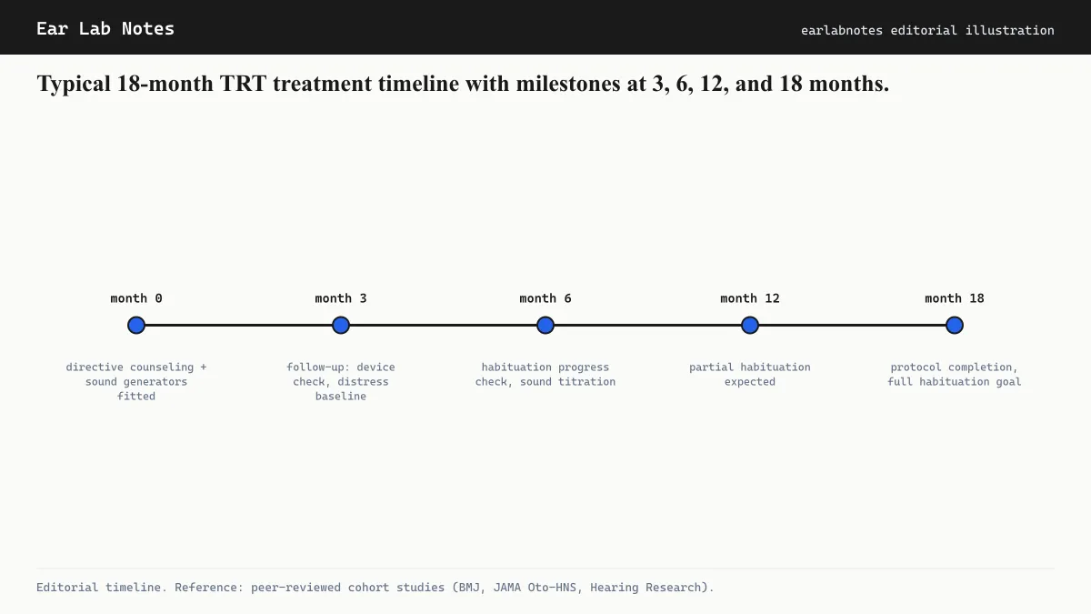 Typical 18-month TRT treatment timeline with milestones at 3, 6, 12, and 18 months.