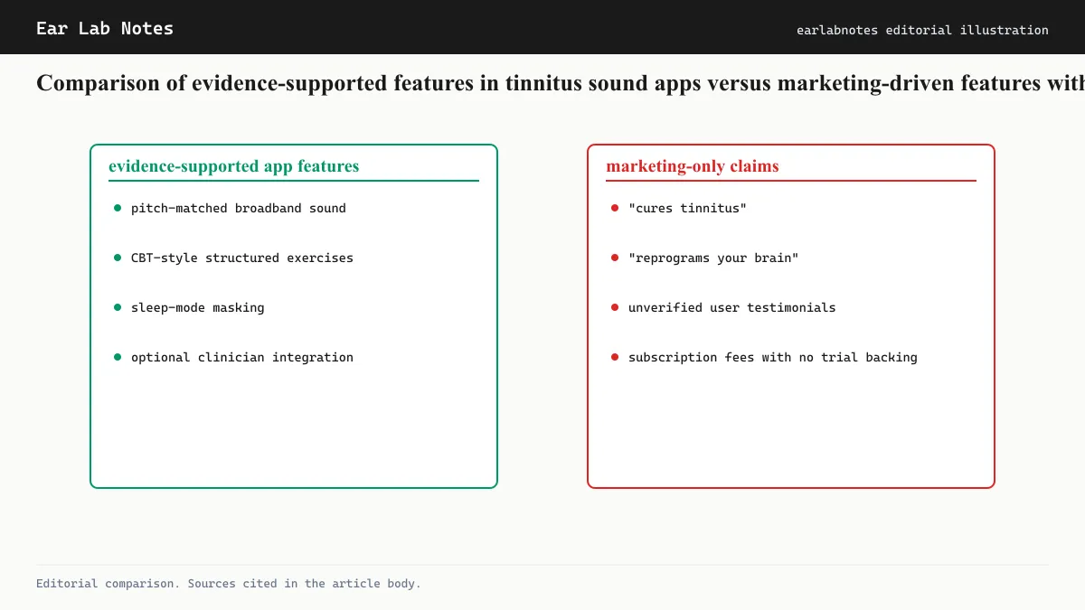 Comparison of evidence-supported features in tinnitus sound apps versus marketing-driven features without trial backing.